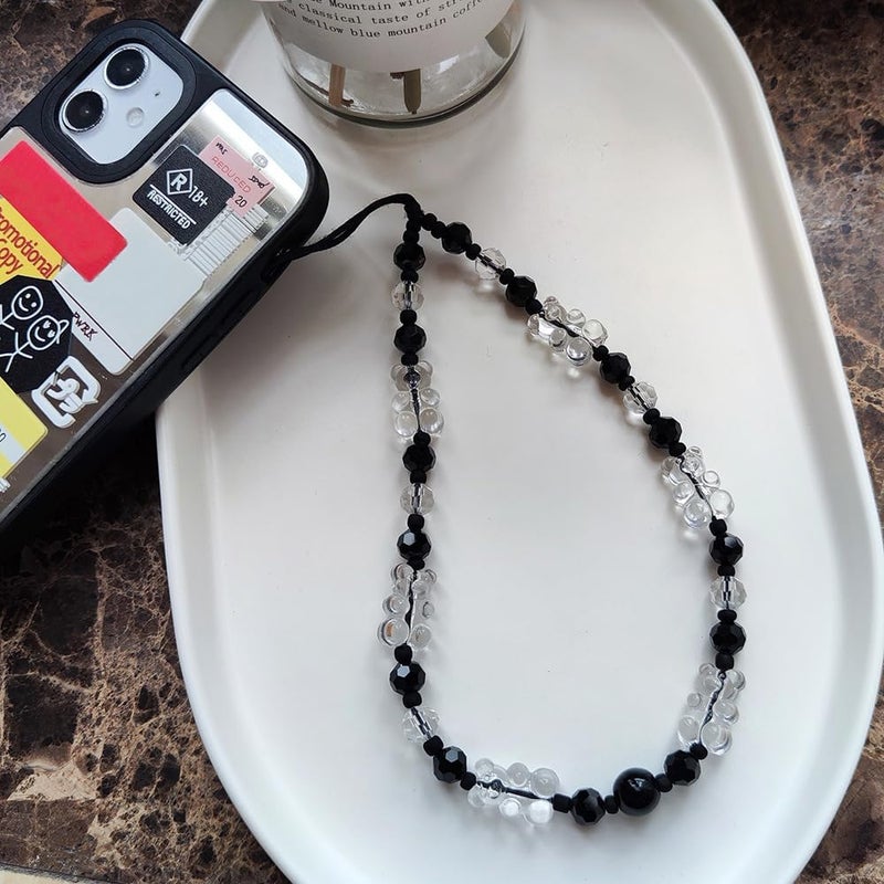 WCCH Beaded Phone Charm Y2K Kawaii Handmade Acrylic Phone Lanyard Wrist Strap for Camera Bag Airpods Keychain Charm Black and White Small Bear - Image 2